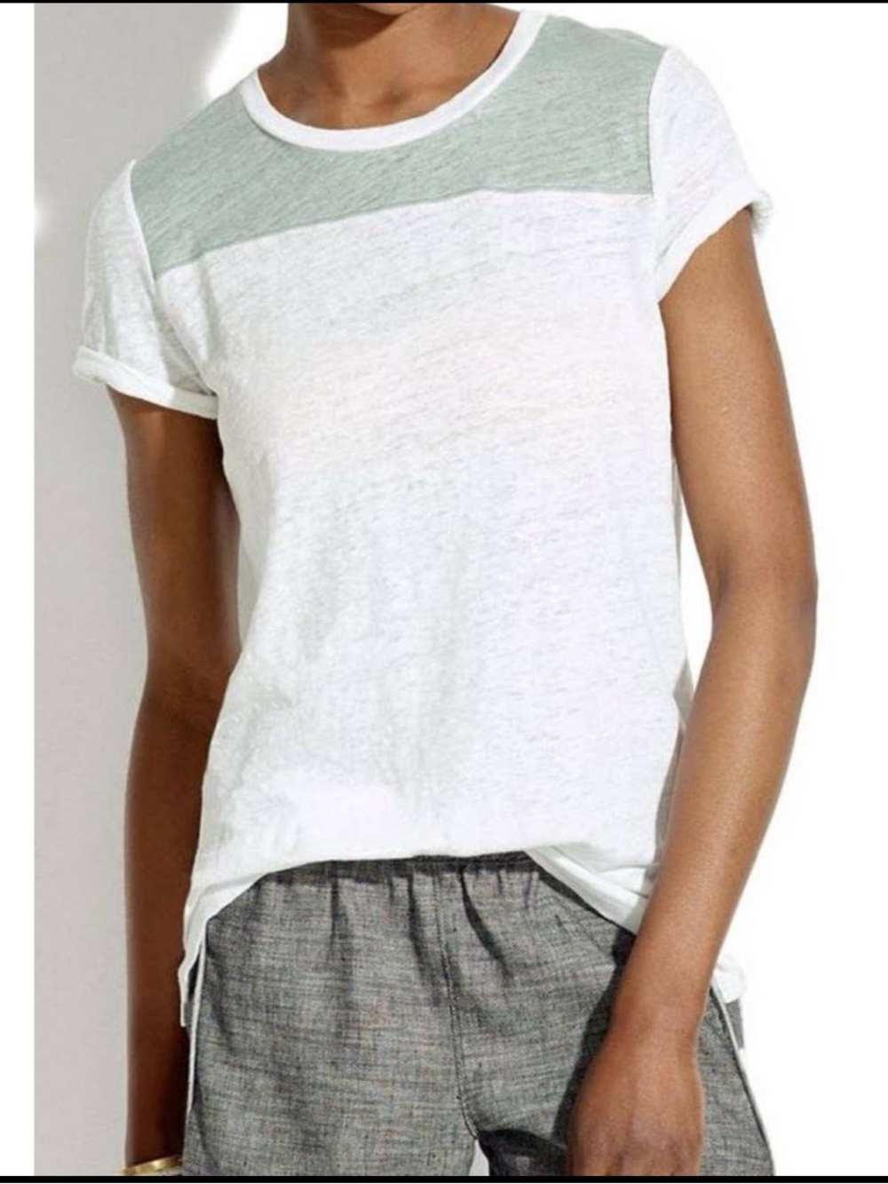 Madewell Women Shirt Linen Sz Large Color Block Home Plate Tee Sage Green White